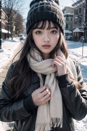 Natural Light, (Best Quality, Masterpiece), (beautiful and detailed eyes), (realistic detailed skin texture), (detailed hair), (Fantasy aesthetic style), (realistic light and shadow), (real and delicate background), (Outdoor), (upper body shot), 1girl, solo, long hair, looking at viewer, bangs, brown hair, black hair, long sleeves, Knitted hat, hair between eyes, parted lips, Brown eyes, jacket, upper body, sidelocks, outdoors, day, scarf, tree, black jacket, plaid, hands up, black headwear, own hands together, breath, snow, beanie, winter, plaid scarf, snowman, normal hand, perfect fingers, 