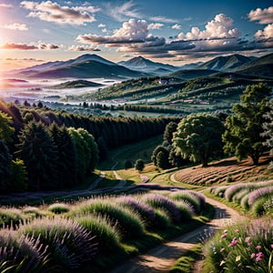 (Best Quality, Masterpiece), (realistic light and shadow), (real and delicate background), anime style, ((sunset)), Cityscape of a small village in the middle of nowhere, with mountains, woods, and a countryside road for cars going through it, nature, landscape, grass, flower, mountains, clouds, trees, more_details:1.0,