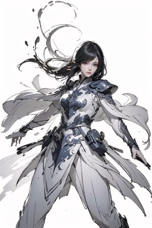 (Cinematic lighting, bloom), (Best Quality, Masterpiece, high resolution), (beautiful and detailed eyes), (realistic detailed skin texture), (detailed hair), (realistic light and detailed shadow), 1girl, blue short hair, blue eyes, serious, white cloak, boots, silver full-armor, standing, ((fighting stance)), (castle background), (((perfect anatomy, (clean outline), (sketch style line art), ,ink splash,gongbiv,gongbi painting