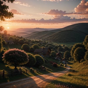 (Best Quality, Masterpiece), (realistic light and shadow), (real and delicate background), shallow depth of field, vignette, highly detailed, bokeh, epic, gorgeous, film grain, grainy, (Cinematic lighting, bloom), ((sunset)), Cityscape of a small village in the middle of nowhere, with mountains, woods, and ((a countryside road for horse going through it)), nature, landscape, grass, flower, mountains, clouds, trees, more_details:1.0,pastelbg