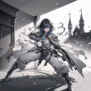 (Cinematic lighting, bloom), (Best Quality, Masterpiece, high resolution), (beautiful and detailed eyes), (realistic detailed skin texture), (detailed hair), (realistic light and detailed shadow), 1girl, blue short hair, blue eyes, serious, white cloak, boots, silver full-armor, standing, ((fighting stance)), (castle background), (((perfect anatomy, (clean outline), (sketch style line art), ,ink splash,gongbiv,gongbi painting