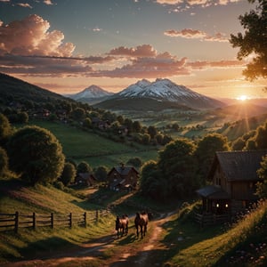 (Best Quality, Masterpiece), (realistic light and shadow), (real and delicate background), shallow depth of field, vignette, highly detailed, bokeh, epic, gorgeous, film grain, grainy, (Cinematic lighting, bloom), ((sunset)), Cityscape of a small village in the middle of nowhere, with mountains, woods, and ((a countryside road for horse going through it)), nature, landscape, grass, flower, horse, mountains, clouds, trees, more_details:1.0,pastelbg