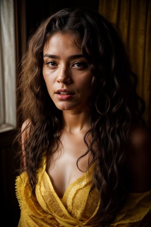 A photorealistic highly-detailed photographic portrait of a young mixed Black woman in her mid-teens with crimped, two-tone hair and sultry lips,curly hair ,full body.  She is wearing a full-length yellow dress symbolizing the goddess Oshun, adorned with golden accessories and intricate embroidery, suitable for a community gathering. The description includes a full-body view in romantic lighting, with her face in focus looking at the viewer. The setting is a community gathering.
