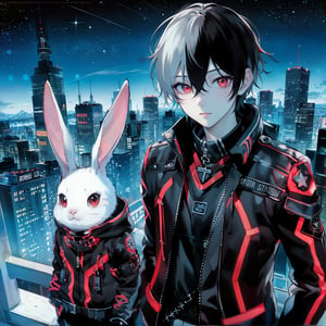 red_eyes, 1boy, male_focus, black_hair, multicolored_hair, looking_at_viewer, sky, rabbit, night, two-tone_hair, star_(sky), jacket, white_hair, cityscape, hair_between_eyes, starry_sky, night_sky, closed_mouth, outdoors, city
