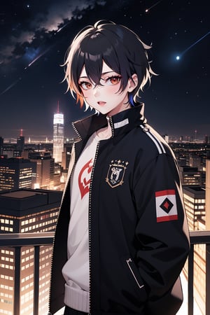 red_eyes, 1boy, male_focus, black_hair, multicolored_hair, looking_at_viewer, sky, rabbit, night, two-tone_hair, star_(sky), jacket, white_hair, cityscape, hair_between_eyes, starry_sky, night_sky, closed_mouth, outdoors, city,masterpiece