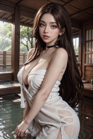 (a lone adult beautiful european woman), (asian_european woman:1.3), russian, (hotspring, towel wrap:1.1), (hot spring, onsen, towel wrap:1.47), (towel wrap, after shower towel wrapped:1.47), (brown long hair, brown hair:1.51), (boost hair color), (very thick top hair) (top knot) (extremely long hair), (green eyes:0.88), (make up, eyeshadow), (high-bridged nose), eyeshadow, lips_filler, (parted lips slightly showing two upper front teeth), blushing, makeup, earrings, (black choker), moles, (medium round breasts:0.8), huge round ass, wide hips, thick thighs), ((light fair skin tone)), masterpiece, ultradetailed, high_res, 8K, HD, lifelike rendering, reality based rendering, unreal engine, intricate details, (denoise), solo, Detailedface, Realism, Raw photo, Photography, Photorealism, Photoshoot, 1 girl, Young beauty spirit, Best face ever in the world, Enhance, Detailedface, perfect,1 girl, (8k sharp focus), ultra-photorealism, More Detail, Masterpiece, Color Booster, midjourney, ((photography_light)), european girl, (face make_up), epiC35mm, cowboy shot, 