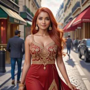 (((masterpiece))), ((ultrarealistic)), indian woman with red hair, kind red eyes, wearing a long red dress, dress has golden details, walking on paris street, smilling.,BugCraft, Indian beauty,DonMM1y4XL