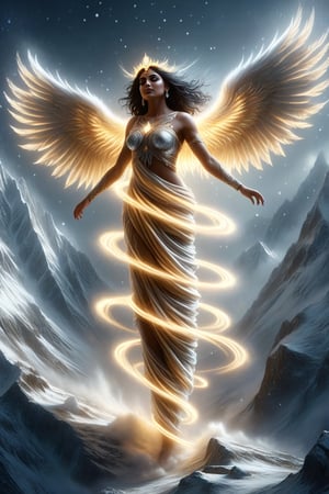 Generate a hyper realistic image of a sexy and slutty indian woman with angelic wings made of light, her halo casting a warm glow as she walks through a mountain top, falling_snow,Indian Model,style,DonM3l3m3nt4lXL