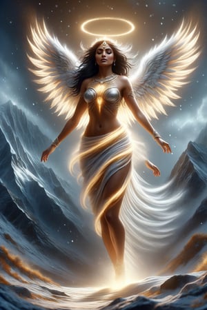 Generate a hyper realistic image of a sexy and slutty indian woman with angelic wings made of light, her halo casting a warm glow as she walks through a mountain top, falling_snow,Indian Model,style,DonM3l3m3nt4lXL