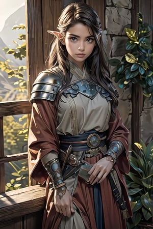 Natural Light, (Best Quality, highly detailed, Masterpiece), (beautiful and detailed eyes), (realistic detailed skin texture), (detailed hair), (Fantasy aesthetic style), (realistic light and shadow), (real and delicate background), ((cowboy shot)), (from high), shinobi, 1girl, lotr elf, amber colored eyes, brown hair, A beautiful young elven ninja, clad in navy shinobi shozoku, with a red sash, stands confidently in a beautiful 
forest landscape.