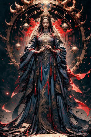 Full body shot of a character standing in majestic pose, hyper realistic representation of a fantasy chinese empress with the most sumptuous wedding hanfu dress made of black and (red:1.4) silk and richly embroidered with gold and silver threads, wide sleeves, intricately carved golden badges and tassels, dark gothic cathedral background, rock magic circle, mandala. Art by Yoshitaka Amano, Zhong Fenghua, stunning interpretive visual, gothic regal, colorful, realistic eyes, dreamy magical atmosphere, (film grain), (warm hue, warm tone), cinematic light, side lightings,zhongfenghua,horror (theme)