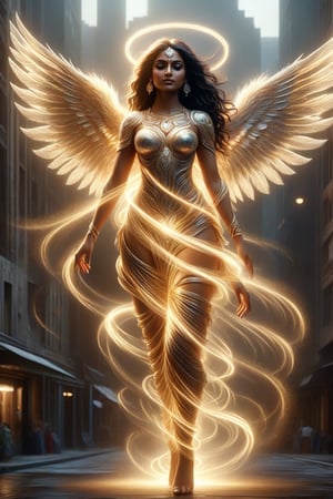 Generate a hyper realistic image of a sexy and slutty indian woman with angelic wings made of light, her halo casting a warm glow as she walks through a modern metropolis,Indian Model,style,DonM3l3m3nt4lXL