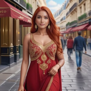 (((masterpiece))), ((ultrarealistic)), indian woman with red hair, kind red eyes, wearing a long red dress, dress has golden details, walking on paris street, smilling.,BugCraft, Indian beauty,DonMM1y4XL