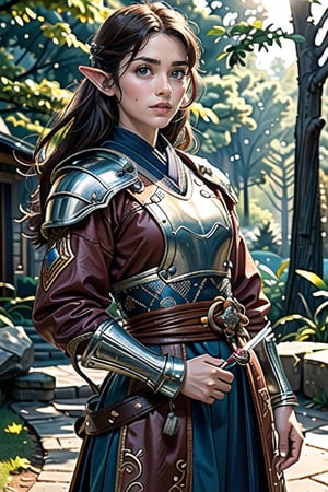 Natural Light, (Best Quality, highly detailed, Masterpiece), (beautiful and detailed eyes), (realistic detailed skin texture), (detailed hair), (Fantasy aesthetic style), (realistic light and shadow), (real and delicate background), ((cowboy shot)), (from high), shinobi, 1girl, lotr elf, amber colored eyes, brown hair, A beautiful young elven ninja, clad in navy shinobi shozoku, with a red sash, stands confidently in a beautiful 
forest landscape.