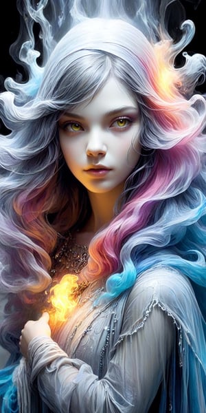 beautiful girl 19 yo, ((translucent)), clear, ((ghostly)), colorful smoke, ((ghostly)), transparently air, amazingly fluid air, detailed, light particles, vivid color, artgerm, dreamlike, pretty face, by vovin, award - winning photograph, masterpiece, ,crystal_clear,SelectiveColorStyle