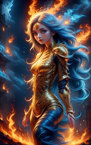  A glossy illustration of young female knight, loli style, gothic style,photorealistic, high fashion, high detailed, high light, golden shoulder armor, long ashen hair on fire, scarred face, bloody armor, full lips, large glowing blue eyes, metallic gothic makeup, hell,ULTIMATE LOGO MAKER [XL],DonM3l3m3nt4lXL,,<lora:659095807385103906:1.0>