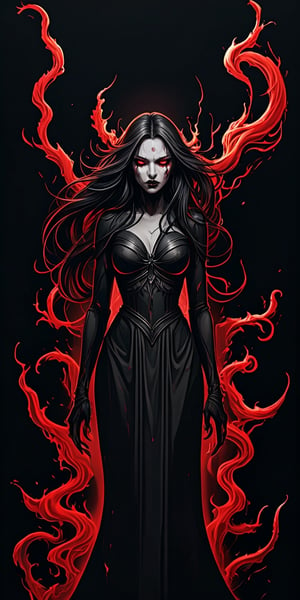 A hauntingly beautiful minimalist dark art illustration of a demonic women figure with long, flowing hair. The women has sharp teeth, elongated nails, and an close mouth, while it scratches its own face and body, creating bloody open wounds. The vivid dark smokes create a sinister atmosphere, contrasting with the high key lighting and slight red tones. The figure is set against a solid black background, evoking a sense of dark fantasy and a cinematic feel., vibrant, dark fantasy, cinematic, illustration