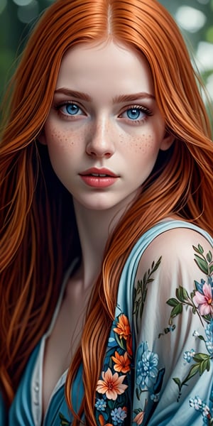 A clear full-length frontal portrait, a hyperrealistic image of a stunning young girl with long flowing hair and captivating blue eyes, the girl is in a fantastic world, an unusual forest, fantastic plants and flowers around, 
 The girl is dressed in a fantastic outfit, her parted lips radiate a sophisticated charm. The artist's name is elegantly inscribed in the composition. Against the soft gray background, her orange hair, lips and discreet tattoo seem to come to life. Realistic details, including freckles, add authenticity to the portrait, and a discreet watermark complements the artful image.,3D,Real