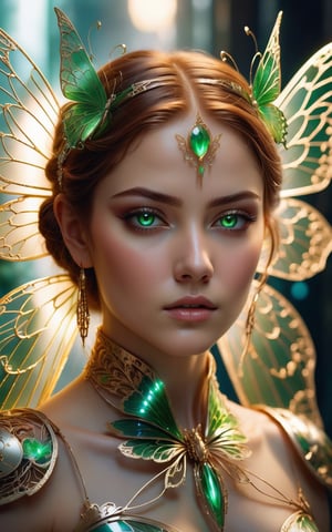 (best quality,8K,highres,masterpiece), ultra-detailed, (portrait of a stunning beauty woman, a beautiful cyborg with brown hair and sharp green eyes), an enchanting portrait capturing the beauty of a cyborg woman with striking brown hair and sharp green eyes. Her features are intricate and elegant, with every detail meticulously rendered to showcase her majestic presence. The portrait is captured through digital photography, allowing for the highest level of detail and realism. Adorning her cyborg form are delicate gold butterfly filigree accents, adding a touch of ethereal beauty to her appearance. Translucent fairy wings extend from her back, hinting at her otherworldly nature and grace. Surrounding her is a shattered glass motif, symbolizing both her fractured humanity and her resilience. This artwork captures the juxtaposition of beauty and technology, inviting the viewer to explore the depths of her character and identity. Feel free to add your own creative touches to enhance the realism and detail of this captivating portrait., Indian beauty