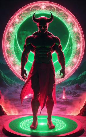 a [pink and red] male [demon] silhouette stood in a [green and white] magic circle, sketch in a nightscape, in the style of tenebrism mastery, bold outline, unreal engine 5, double lines, energy-charged, luminous pointillism, made of wiree