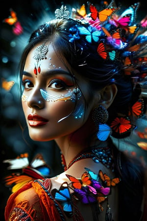 An indian woman , a queen who wishes becoming  a butterfly,  vivid palette,  moody lighting,  high resolution and contrast,  intricately textured and extremely detailed,  detailmaster2,  side-light,  best quality,  fine artwork,ink art,Clear Glass Skin, Indian beauty
