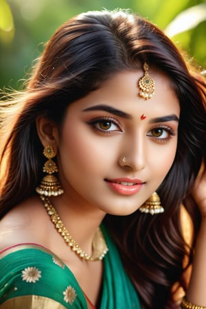 (best quality,4k,8k,highres,masterpiece:1.2),ultra-detailed,(realistic,photorealistic,photo-realistic:1.37),beautiful detailed eyes,beautiful detailed lips,extremely detailed eyes and face,longeyelashes,Indian girl 19 year old,sexy and cute girl,cute smile,outdoor,illustration,pastel colors,soft lighting,happy expression,green garden,flowers,grass, sunshine,Indian Model