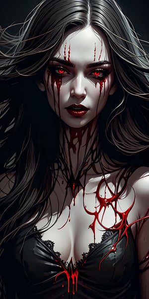 A hauntingly beautiful minimalist dark art illustration of a demonic women figure with long, flowing hair. The figure has sharp teeth, elongated nails, and an open mouth, while it scratches its own face and body, creating bloody open wounds. The vivid dark smokes create a sinister atmosphere, contrasting with the high key lighting and slight red tones. The figure is set against a solid black background, evoking a sense of dark fantasy and a cinematic feel., vibrant, dark fantasy, cinematic, illustration