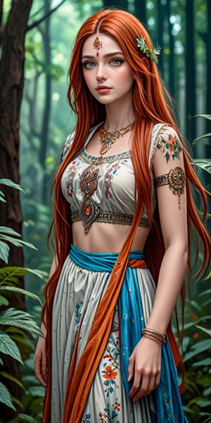 A clear full-length frontal portrait, a hyperrealistic image of a stunning Indian young girl with long flowing hair and captivating blue eyes, the girl is in a fantastic world, an unusual forest, fantastic plants and flowers around, 
 The girl is dressed in a fantastic outfit, her parted lips radiate a sophisticated charm. The artist's name is elegantly inscribed in the composition. Against the soft gray background, her orange hair, lips and discreet tattoo seem to come to life. Realistic details, including freckles, add authenticity to the portrait, and a discreet watermark complements the artful image.,3D,Real