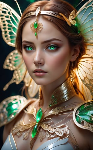 (best quality,8K,highres,masterpiece), ultra-detailed, (portrait of a stunning beauty woman, a beautiful cyborg with brown hair and sharp green eyes), an enchanting portrait capturing the beauty of a cyborg woman with striking brown hair and sharp green eyes. Her features are intricate and elegant, with every detail meticulously rendered to showcase her majestic presence. The portrait is captured through digital photography, allowing for the highest level of detail and realism. Adorning her cyborg form are delicate gold butterfly filigree accents, adding a touch of ethereal beauty to her appearance. Translucent fairy wings extend from her back, hinting at her otherworldly nature and grace. Surrounding her is a shattered glass motif, symbolizing both her fractured humanity and her resilience. This artwork captures the juxtaposition of beauty and technology, inviting the viewer to explore the depths of her character and identity. Feel free to add your own creative touches to enhance the realism and detail of this captivating portrait., Indian beauty