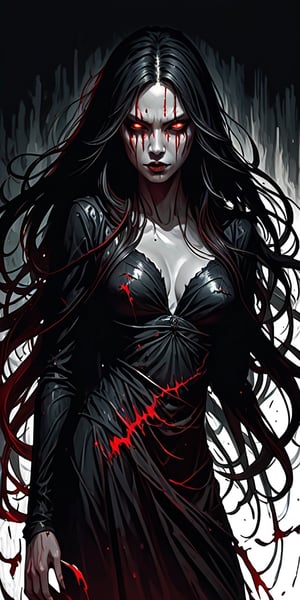 A hauntingly beautiful minimalist dark art illustration of a demonic women figure with long, flowing hair. The women has sharp teeth, elongated nails, and an close mouth, while it scratches its own face and body, creating bloody open wounds. The vivid dark smokes create a sinister atmosphere, contrasting with the high key lighting and slight red tones. The figure is set against a solid black background, evoking a sense of dark fantasy and a cinematic feel., vibrant, dark fantasy, cinematic, illustration