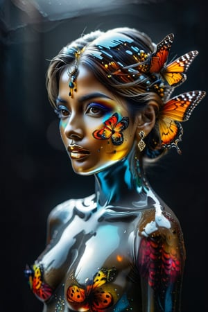 An indian woman , a queen who wishes becoming  a butterfly,  vivid palette,  moody lighting,  high resolution and contrast,  intricately textured and extremely detailed,  detailmaster2,  side-light,  best quality,  fine artwork,ink art,Clear Glass Skin, Indian beauty