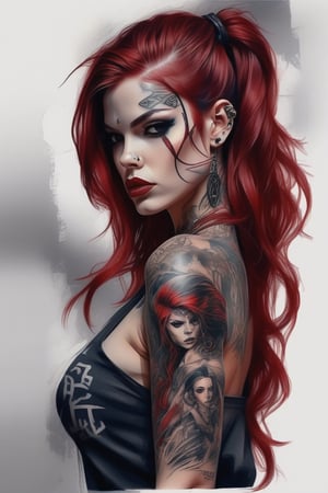 Tattoo sketch, by enki bilal, double exposure. high quality, high detail, (16K Ultra HD), (masterpiece), (best quality), (ultra realistic detail).  (beautiful rockabilly girl), (cherry red hair with dark roots), dark smoky background, indian girl,DonMM1y4XL