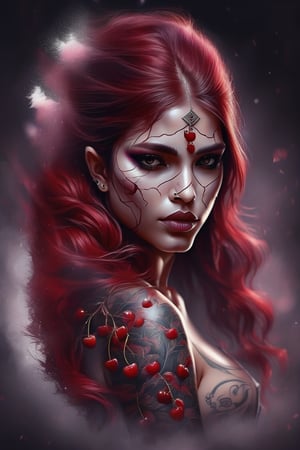 cherry Tattoo , by enki bilal, double exposure. high quality, high detail, (16K Ultra HD), (masterpiece), (best quality), (ultra realistic detail).  (beautiful Indian girl), (cherry red hair with dark roots), dark smoky background, ,DonMW15pXL