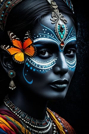 An Indian woman , a queen who wishes becoming  a butterfly,  vivid palette,  moody lighting,  high resolution and contrast,  intricately textured and extremely detailed,  detailmaster2,  side-light,  best quality,  fine artwork,ink art