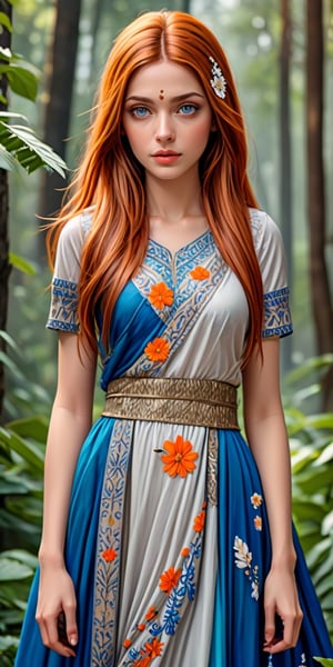A clear full-length frontal portrait, a hyperrealistic image of a stunning Indian young girl with long flowing hair and captivating blue eyes, the girl is in a fantastic world, an unusual forest, fantastic plants and flowers around, 
 The girl is dressed in a fantastic outfit, her parted lips radiate a sophisticated charm. The artist's name is elegantly inscribed in the composition. Against the soft gray background, her orange hair, lips and discreet tattoo seem to come to life. Realistic details, including freckles, add authenticity to the portrait, and a discreet watermark complements the artful image.,3D,Real
