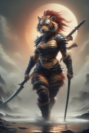 full body, A stunningly realistic portrayal of a tigergirl, with furry features  skillfully merges elements of human and feline characteristics,  wearing leather armor and carrying a long sword, crossing a placid stream under a full red moon, anthro,DonM3l3m3nt4lXL