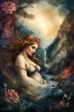 Eros and Aphrodite enjoying nature all around, dark vivid palette,  moody lighting, close-up,  high_resolution and contrast,  high colour contrast,  intricately textured and extremely detailed,  detailmaster2,  ultra quality ,d1p5comp_style,ink,watercolor