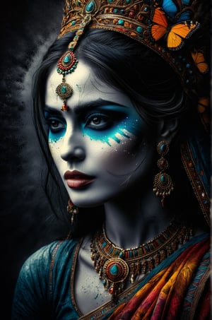 An Indian woman , a queen who wishes becoming  a butterfly,  vivid palette,  moody lighting,  high resolution and contrast,  intricately textured and extremely detailed,  detailmaster2,  side-light,  best quality,  fine artwork,ink art, Indian beauty,DonMM1y4XL