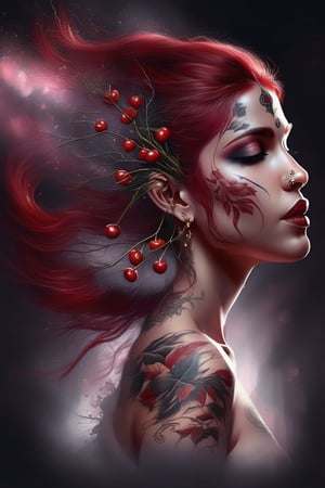 cherry Tattoo , by enki bilal, double exposure. high quality, high detail, (16K Ultra HD), (masterpiece), (best quality), (ultra realistic detail).  (beautiful Indian girl), (cherry red hair with dark roots), dark smoky background, ,DonMW15pXL