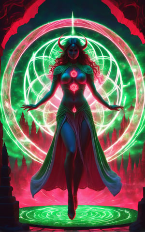 a [pink and red] female [demon] silhouette stood in a [green and white] magic circle, sketch in a nightscape, in the style of tenebrism mastery, bold outline, unreal engine 5, double lines, energy-charged, luminous pointillism, made of wiree, Indian beauty,LegendDarkFantasy