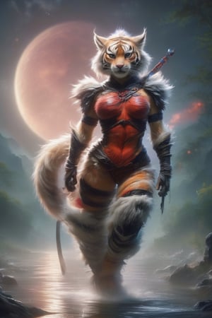 full body, A stunningly realistic portrayal of a tigergirl, with furry features  skillfully merges elements of human and feline characteristics,  wearing leather armor and carrying a long sword, crossing a placid stream under a full red moon, anthro,DonM3l3m3nt4lXL