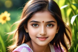 (best quality,4k,8k,highres,masterpiece:1.2),ultra-detailed,(realistic,photorealistic,photo-realistic:1.37),beautiful detailed eyes,beautiful detailed lips,extremely detailed eyes and face,longeyelashes,little girl,cute girl,cute smile,outdoor,illustration,pastel colors,soft lighting,happy expression,green garden,flowers,grass, sunshine,Indian Model