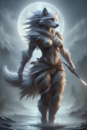 full body, A stunningly realistic portrayal of a wolfgirl, with furry features  skillfully merges elements of human and feline characteristics,  wearing leather armor and carrying a long sword, crossing a placid stream under a full moon, anthro,DonM3l3m3nt4lXL