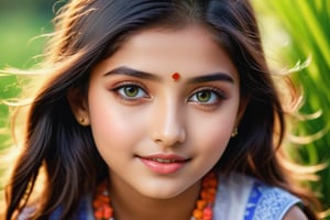 (best quality,4k,8k,highres,masterpiece:1.2),ultra-detailed,(realistic,photorealistic,photo-realistic:1.37),beautiful detailed eyes,beautiful detailed lips,extremely detailed eyes and face,longeyelashes,little girl,cute girl,cute smile,outdoor,illustration,pastel colors,soft lighting,happy expression,green garden,flowers,grass, sunshine,Indian Model