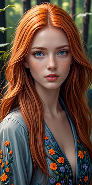 A clear full-length frontal portrait, a hyperrealistic image of a stunning young girl with long flowing hair and captivating blue eyes, the girl is in a fantastic world, an unusual forest, fantastic plants and flowers around, 
 The girl is dressed in a fantastic outfit, her parted lips radiate a sophisticated charm. The artist's name is elegantly inscribed in the composition. Against the soft gray background, her orange hair, lips and discreet tattoo seem to come to life. Realistic details, including freckles, add authenticity to the portrait, and a discreet watermark complements the artful image.,3D,Real