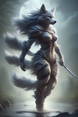 full body, A stunningly realistic portrayal of a wolfgirl, with furry features  skillfully merges elements of human and feline characteristics,  wearing leather armor and carrying a long sword, crossing a placid stream under a full moon, anthro,DonM3l3m3nt4lXL
