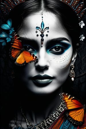 An Indian woman , a queen who wishes becoming  a butterfly,  vivid palette,  moody lighting,  high resolution and contrast,  intricately textured and extremely detailed,  detailmaster2,  side-light,  best quality,  fine artwork,ink art