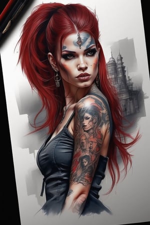 Tattoo sketch, by enki bilal, double exposure. high quality, high detail, (16K Ultra HD), (masterpiece), (best quality), (ultra realistic detail).  (beautiful rockabilly girl), (cherry red hair with dark roots), dark smoky background, indian girl,DonMM1y4XL
