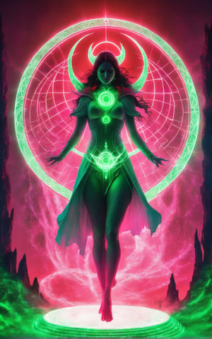 a [pink and red] female [demon] silhouette stood in a [green and white] magic circle, sketch in a nightscape, in the style of tenebrism mastery, bold outline, unreal engine 5, double lines, energy-charged, luminous pointillism, made of wiree, Indian beauty,LegendDarkFantasy