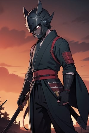 red night, 10th century, samurai with demon helmet, black sword, zombie apocalypse
